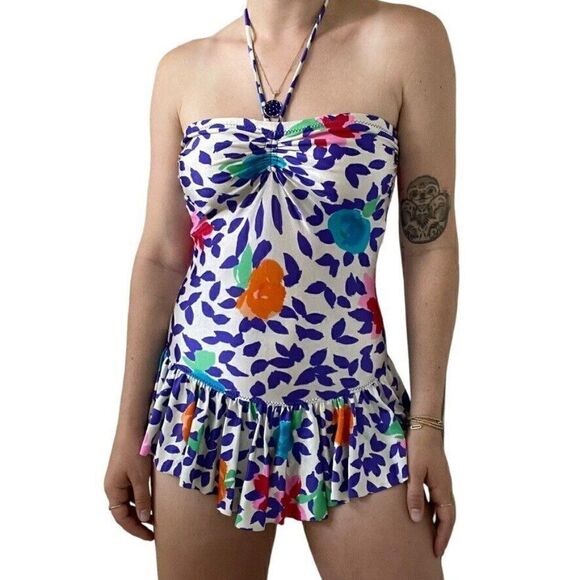 Unbranded Other - Vintage 1980s Womens Floral Abstract Leotard One Piece Retro Swimsuit Sz M